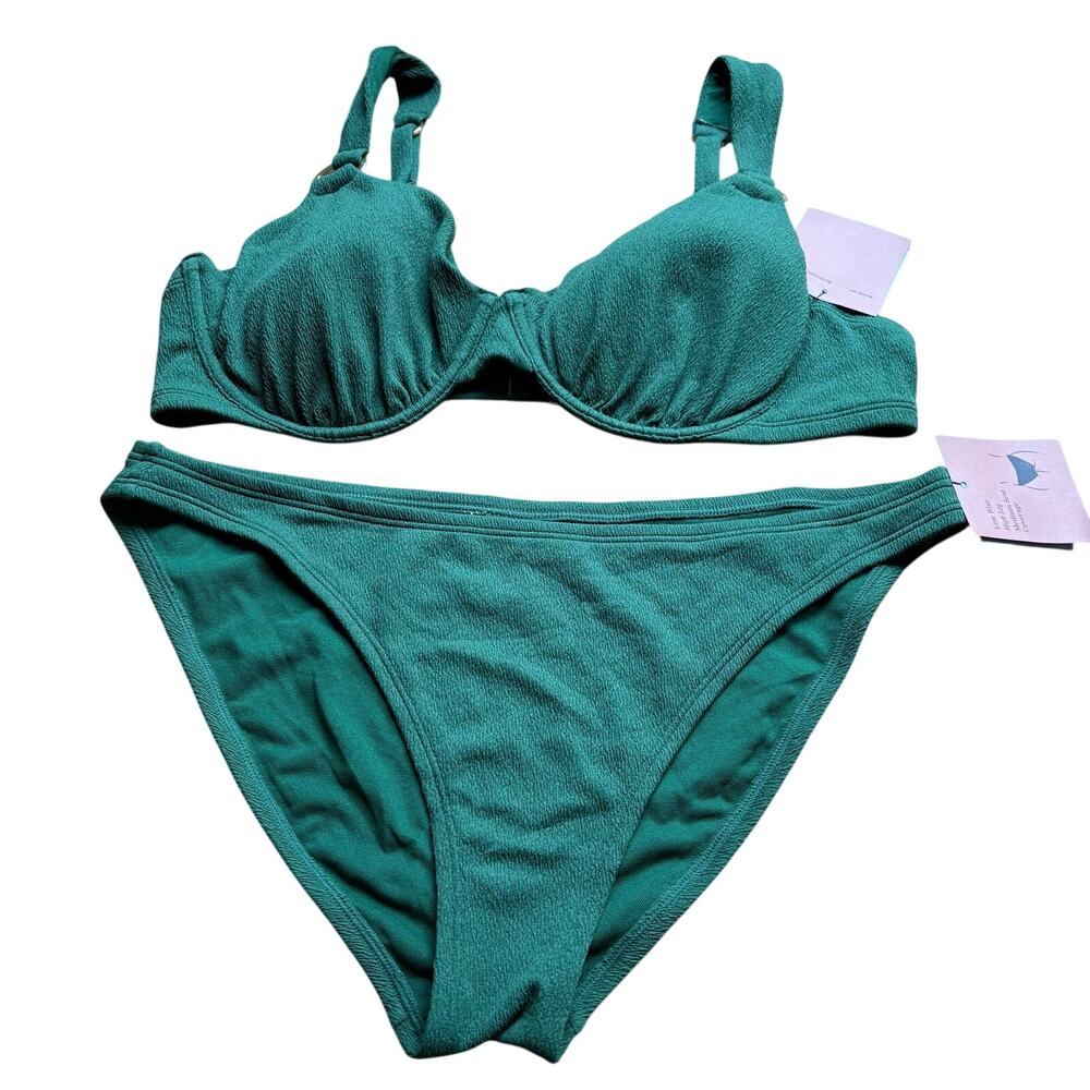 Shade & Shore Bikini Set 38D Top Large Bottom Forest Green Textured Beach Vacay